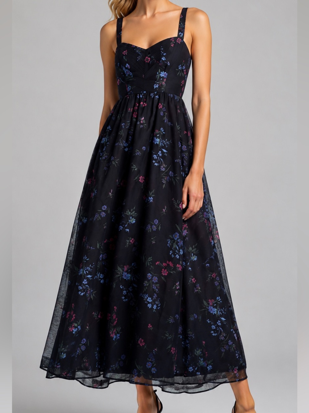 🆕🌸AQUA Black Multi Floral Chiffon Midi Maxi Dress Size S Bloomingdale’s Party